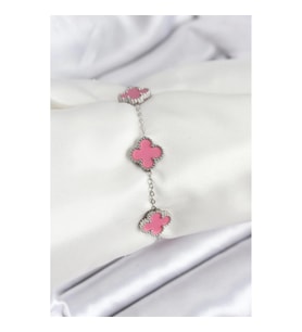 Mey İthalat® 316L Çelik Gümüş Zincir Pembe Renk Yonca Bileklik
