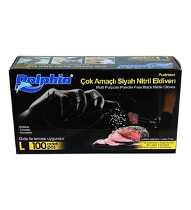 Dolphin Tek Kullanımlık Lateks Siyah Pudrasız Nitril Muayne Eldiveni Large Büyük Boy - 100'lü Paket