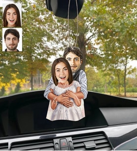 Kişiye Özel Karikatürlü Ahşap Araba Dikiz Ayna Süsü Sevgili-4