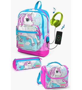 Coral High Kids Mavi Neon Pembe Unicorn Desenli USB'li 3’lü Okul Çanta Seti - Kız Çocuk