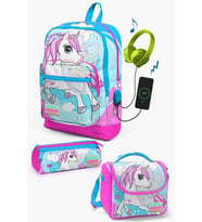 Coral High Kids Mavi Neon Pembe Unicorn Desenli USB'li 3’lü Okul Çanta Seti - Kız Çocuk