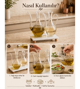 Mermer Stantlı 2'li Borosilikat Cam Yağlık Sirkelik Seti 750 ml - Akıtmayan Kulplu Cam İbrik Yağdanlık