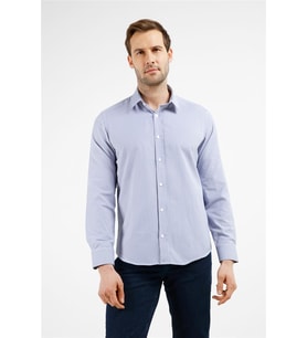 Beyaz-Lacivert Çizgili Desen Sert Yaka Uzun Kol Cepsiz Slim Fit Pamuklu Gömlek 1004255282