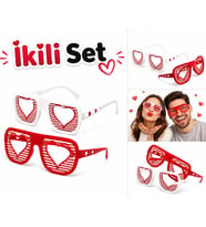 Çiftlere Özel Retro Parti Gözlüğü İkili Set Kalp Detaylı Eğlenceli Tasarım Renk Seçenekli