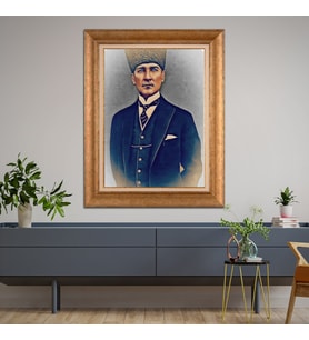 Altın Varaklı Çerçeveli Paspartulu Atatürk Tablo TR0868 (Gold)