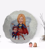 BK Gift Kişiye Özel Süper Anne ve Çocuk Karikatürlü Yuvarlak Dekoratif Kırlent Yastık-1