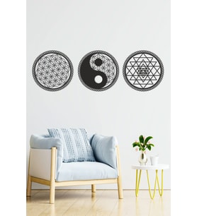 UNT Yin Yang, Yaşam Çiçeğ ve Sri Yantra 3'lü Set Duvar Dekoru Tablo Seti (Siyah)