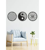 UNT Yin Yang, Yaşam Çiçeğ ve Sri Yantra 3'lü Set Duvar Dekoru Tablo Seti (Siyah)