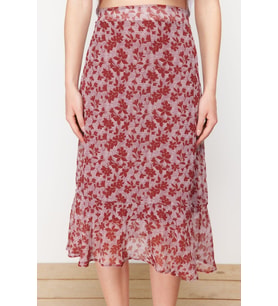 Moda Regular Çiçekli Desen Günlük Midi Boy Eteği Fırfırlı Şifon Kumaş Desenli Midi Dokuma Etek