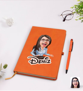BK Gift Kişiye Özel Kadın Patron Karikatürlü Turuncu Termo Deri Defter Kalem Seti Model 5