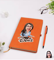 BK Gift Kişiye Özel Kadın Patron Karikatürlü Turuncu Termo Deri Defter Kalem Seti Model 5