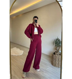Neşeli butik kadın fermuarlı oversize sweat ve yüksek bel eşofman takımı NM018 (Bordo)