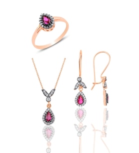 Söğütlü Silver Gümüş rose kök yakut taşlı damla üçlü set