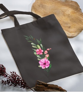 BK Gift Çiçek Tasarımlı Antrasit Kumaş Bez Çanta, Baskılı Omuz Çantası, Alışveriş Çantası, Anneye Hediye-1