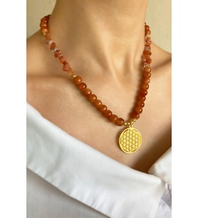 Yaşam Çiçeği Uçlu Kristal Cam Boncuk Doğal Taş Kolye - Turuncu