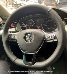 Golf 7 Jetta Passat Tiguan Polo-T-Roc F1 Dikmeli Araca Özel Direksiyon Kılıfı DÜZ SİYAH İP (Karışık)
