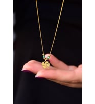 925 Ayar Gümüş Gold Kaplama Yeşil Taşlı Yonca Kolye