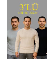 Erkek Fitilli Triko Kazak 3lü Set Bej Gri Siyah Regular Fit Bisiklet Yaka Triko Seti Kazak Modeli