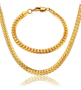 Gold Ezme Yassı Yılan Çelik Unisex Kolye ve Bileklik Seti eck37s (Altın)