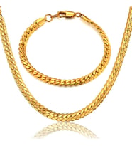 Gold Ezme Yassı Yılan Çelik Unisex Kolye ve Bileklik Seti eck37s (Altın)