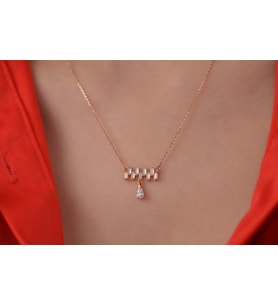 Onseva Kuyumculuk Rose Gold Baget ve Damla Taşlı Kolye 14 Ayar Altın