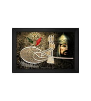 Osmanlı Tuğrası ve Fatih Sultan Mehmet Han Motifli Kanvas Tablo 80 x 110 cm Siyah Çerçeve