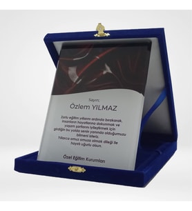 Kişi ve Kurumlara Özel Kadife Kutulu Kristal Plaket - Mavi Renk
