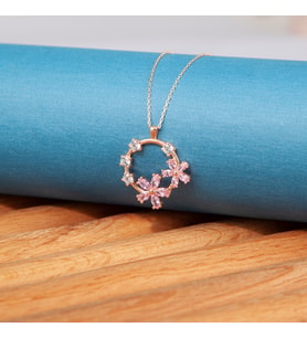 Pembe Taşlı Unutma Beni Çiçeği Kolye-925 Ayar Gümüş
