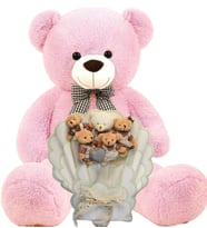 Sevimli 90 cm Peluş Ayı ile Giysili Yumoş Peluş Ayıcık Buketi, Sevgiliye- Sevdiklerinize; Doğum Günü, Yıldönümü, Özel Gün (Pembe)