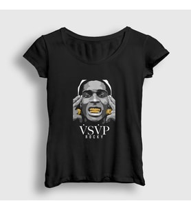 Presmono Kadın Siyah Gold ASAP Rocky T-Shirt 153041tt