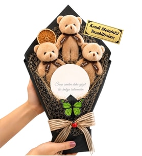 Kişiye Özel Aynalı Tasarım Büyük Boy Kahve Ayıcık Buketi Romantik Peluş Hediye