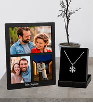 Kİşiye Özel Premium 3 Fotoğraflı Kolaj Ahşap Masaüstü Çerçeve Ve Gümüş Kartanesi Kolye Set