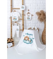 Pia Baby Premium %100 Pamuk İsimli Battaniye Ve 5’li Zıbın Yenidoğan Erkek Bebek Hediye Seti 5004-04 (Ekru)