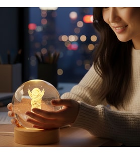 Astronot Adam Model Ahşap Altlıklı USB LED Kristal Cam Küre Gece Lambası Dekoratif & Hediye (Karışık)