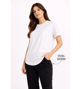 Basic T-Shirt Kısa Kol Bisiklet Yaka Oval Kesim Tişört - Beyaz