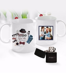 BK Gift Kişiye Özel Babalar Günü Hediyesi Fotoğraflı Kupa Bardak ve Benzinli Çakmak Seti-97 (Model 1)