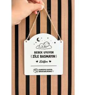 Bebek Uyuyor Zile Basmayın Kapı Uyarı Tabelası – 3 mm MDF 14 cm * 15 cm Jüt askı ipli