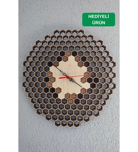 Geometrik Petek Desenli 3 Boyutlu Ahşap Duvar Saati Lazer Kesim Dekoratif Şık Ofis Hediyelik