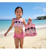 Kız Çocuk karakter Baskılı Eteği Fırfırlı- ip bağlamalı ÇANTA Mayo Bikini 3 lü Takım