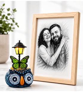 Kişiye Özel Karakalem Fotoğraflı Ahşap Çerçeveli Mavi Baykuş Masa Lambası