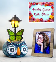 Anneler Günü Hediyesi Size Özel Fotoğraflı Mavi Baykuş Masa Lambası