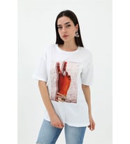 Bisiklet Yaka El Baskılı Süprem T-shirt - Beyaz