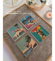 Retro Kedi Temalı Doğal Taş Bardak Altlığı Seti - Renkli ve Eğlenceli (4’lü Set)