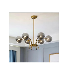 Mat Altın Gold 6 Kollu Modern Salon Avizesi Füme Küre Cam E27 Duy Metal Gövde Luxury Dekoratif Yemek Odası Oturma Odası Tavan Aydınlatması