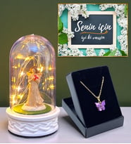 Led Işıklı Biblolu Tasarım Fanus ve Kelebek Kolye Hediye Seti (Model 5)