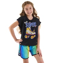 Unicorn Paten Kız Çocuk T-shirt Şort Takım (Siyah)