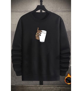 Unisex Tupac Coffee Baskılı Bisiklet Yaka Sweatshirt (Siyah)