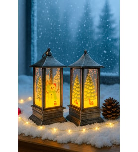LED Işıklı Noel Feneri 2’li Set – Kardan Adam  & Çam Ağacı Temalı Dekoratif Yılbaşı Lambası 14 Cm