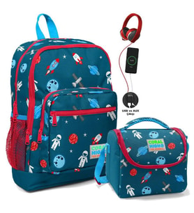 Coral High Okul Çantası ve Beslenme Çantası Seti - Erkek Çocuk Lacivert Mavi Astronot - USB Soketli