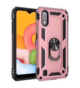 Samsung Galaxy A01 Kılıf Metal For Car Yüzüklü Standlı Military Ring Serisi (Rose)